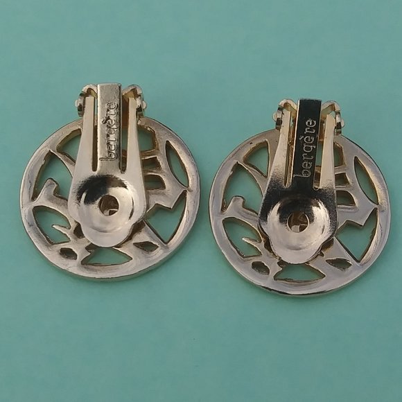 Vintage Signed Bergere Asian Symbols in Gold tone Circle Clip On Earrings - Picture 5 of 16